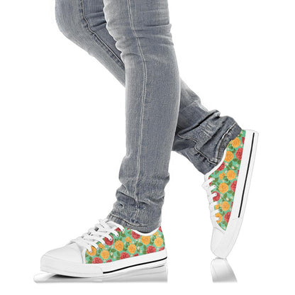 Dahlia Pattern Print Design DH011 White Bottom Low Top Shoes