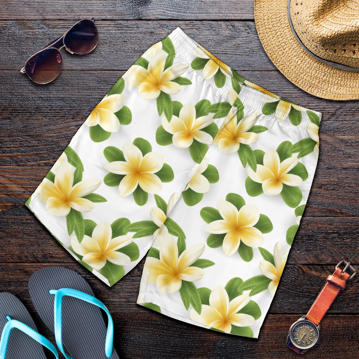 Yellow Plumeria Pattern Print Design PM012 Mens Shorts