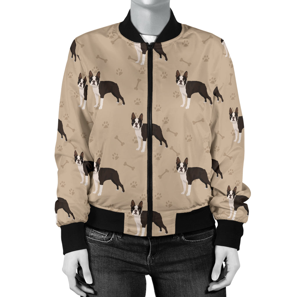 Boston Terrier Pattern Print Design 02 Women's Bomber Jacket