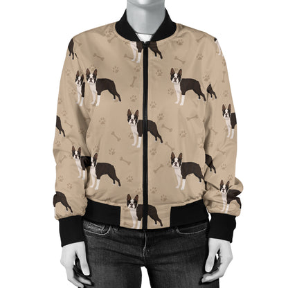 Boston Terrier Pattern Print Design 02 Women's Bomber Jacket