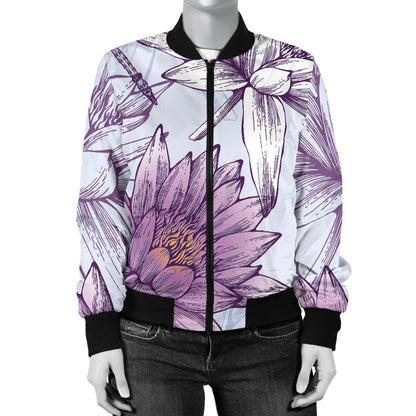 Water Lily Pattern Print Design WL01 Women Bomber Jacket