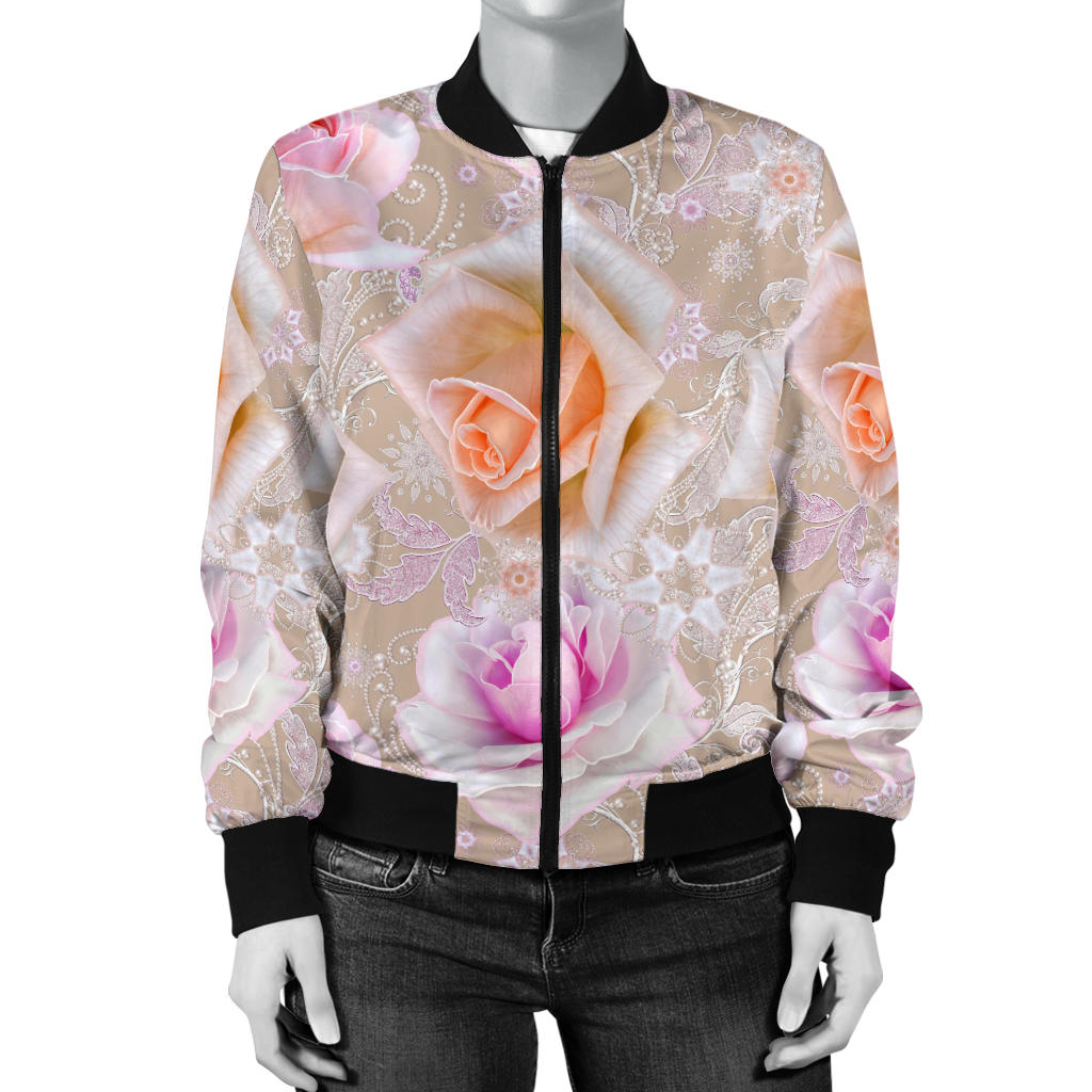 Rose Pattern Print Design RO011 Women Bomber Jacket