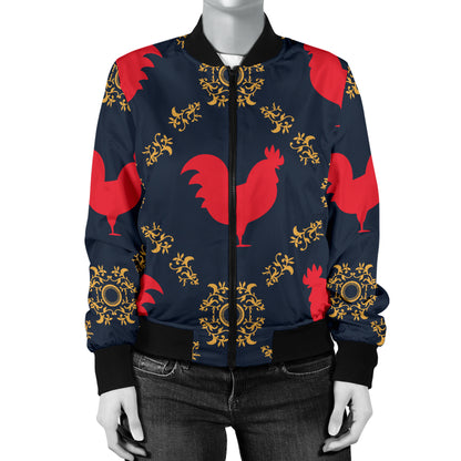 Rooster Pattern Print Design A02 Women's Bomber Jacket