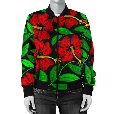 Red Hibiscus Embroidered Pattern Print Design HB032 Women Bomber Jacket