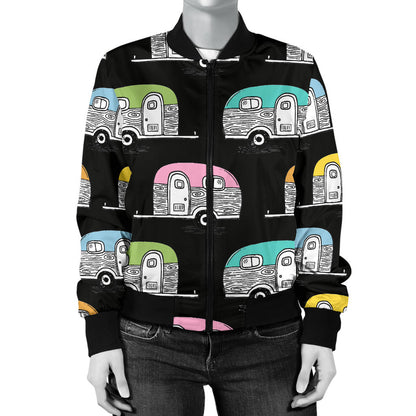 Camper Pattern Camping Themed No 2 Print Women Bomber Jacket