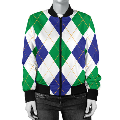 Argyle Green Blue Pattern Print Design 03 Women's Bomber Jacket