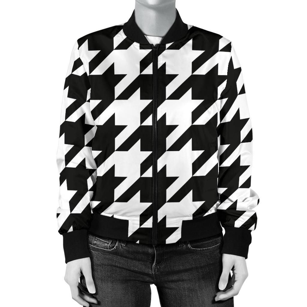 Houndstooth Black White Pattern Print Design 05 Women's Bomber Jacket