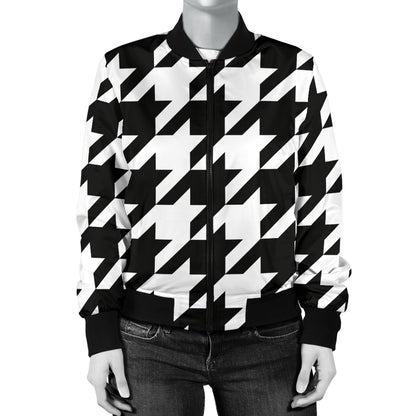 Houndstooth Black White Pattern Print Design 05 Women's Bomber Jacket