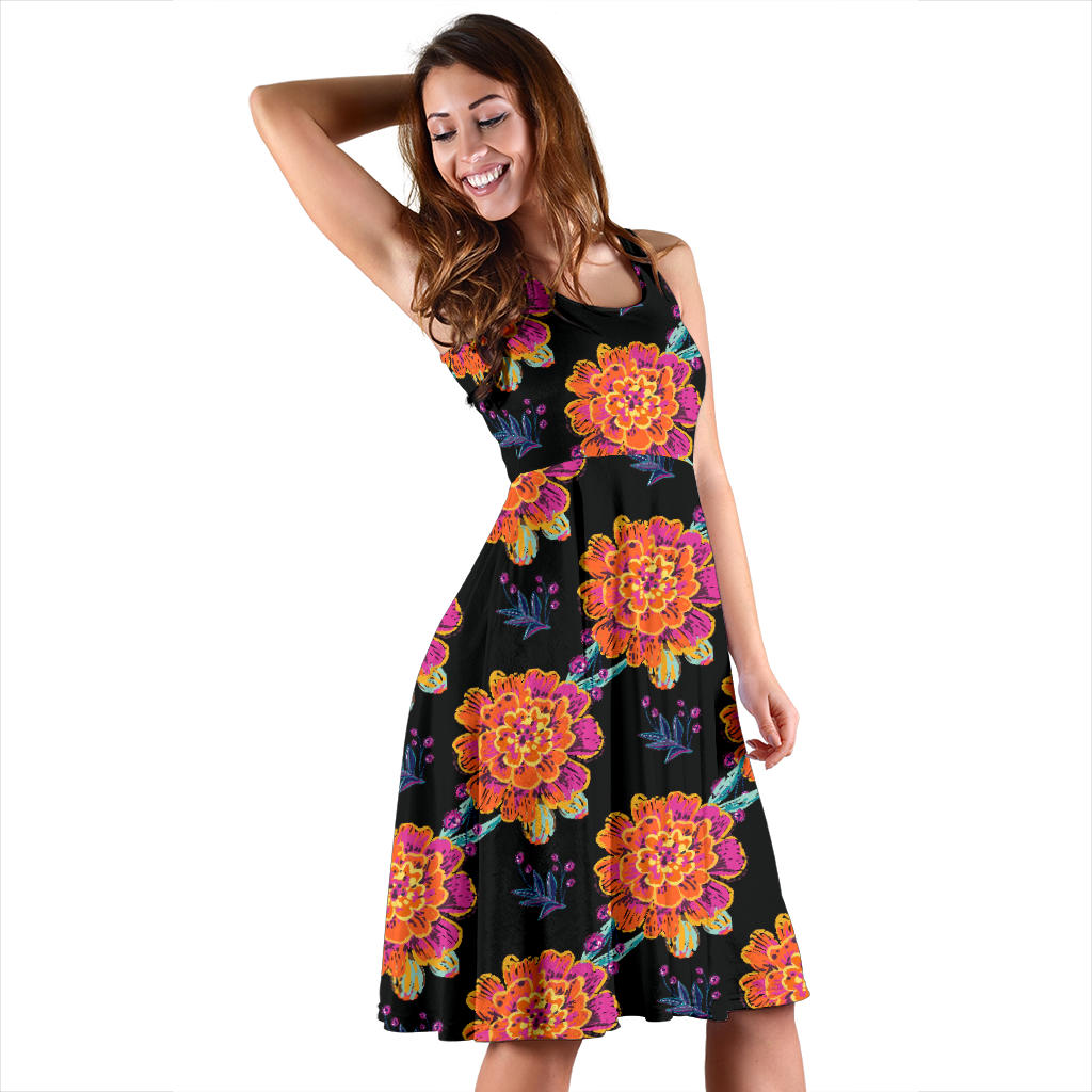 Marigold Pattern Print Design MR04 Midi Dress