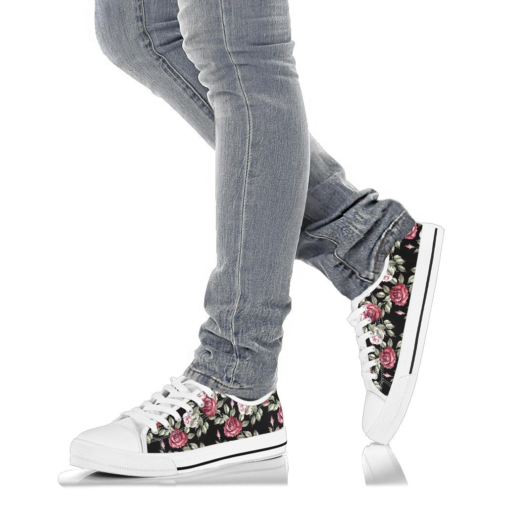Rose Red Pink Pattern Print Design RO03 White Bottom Low Top Shoes