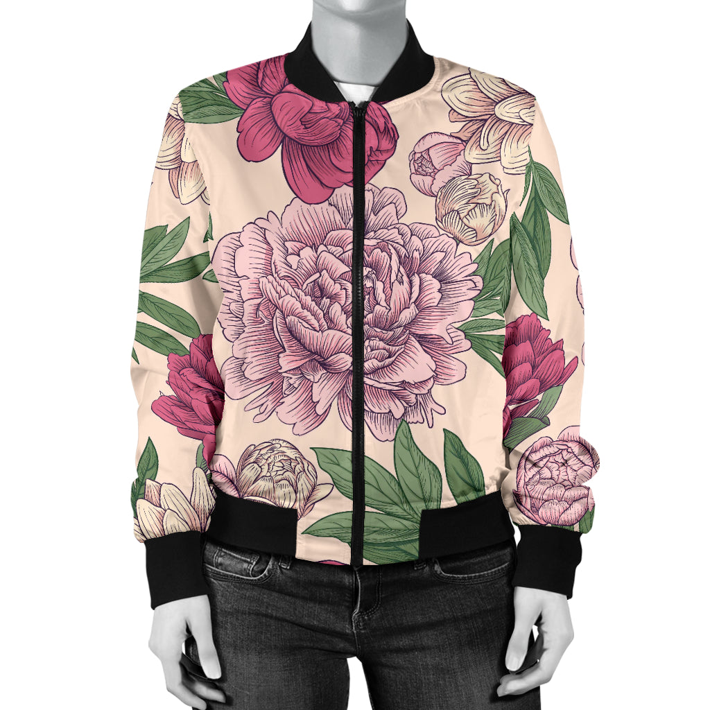 Peony Pattern Print Design A01 Women's Bomber Jacket