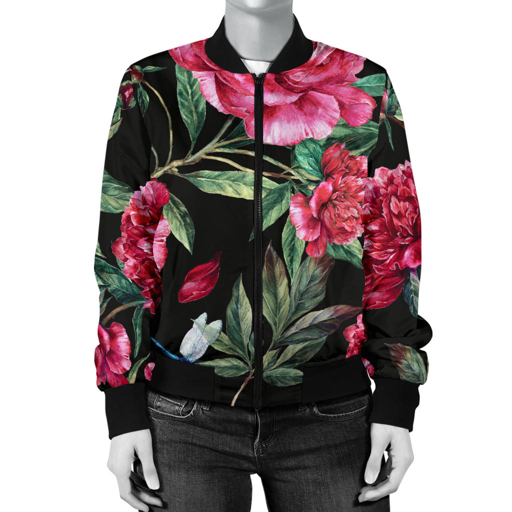 Peony Pattern Print Design PE04 Women Bomber Jacket