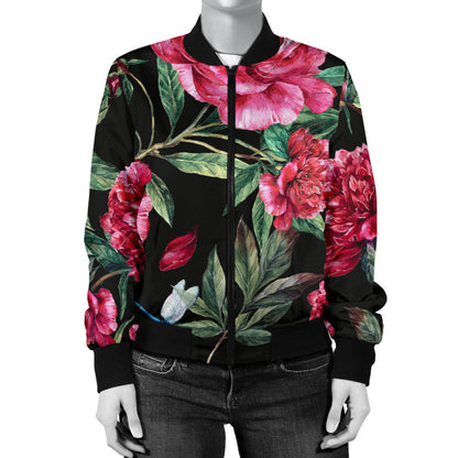 Peony Pattern Print Design PE04 Women Bomber Jacket