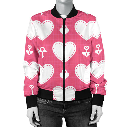 Heart Key Pattern Print Design HE09 Women Bomber Jacket