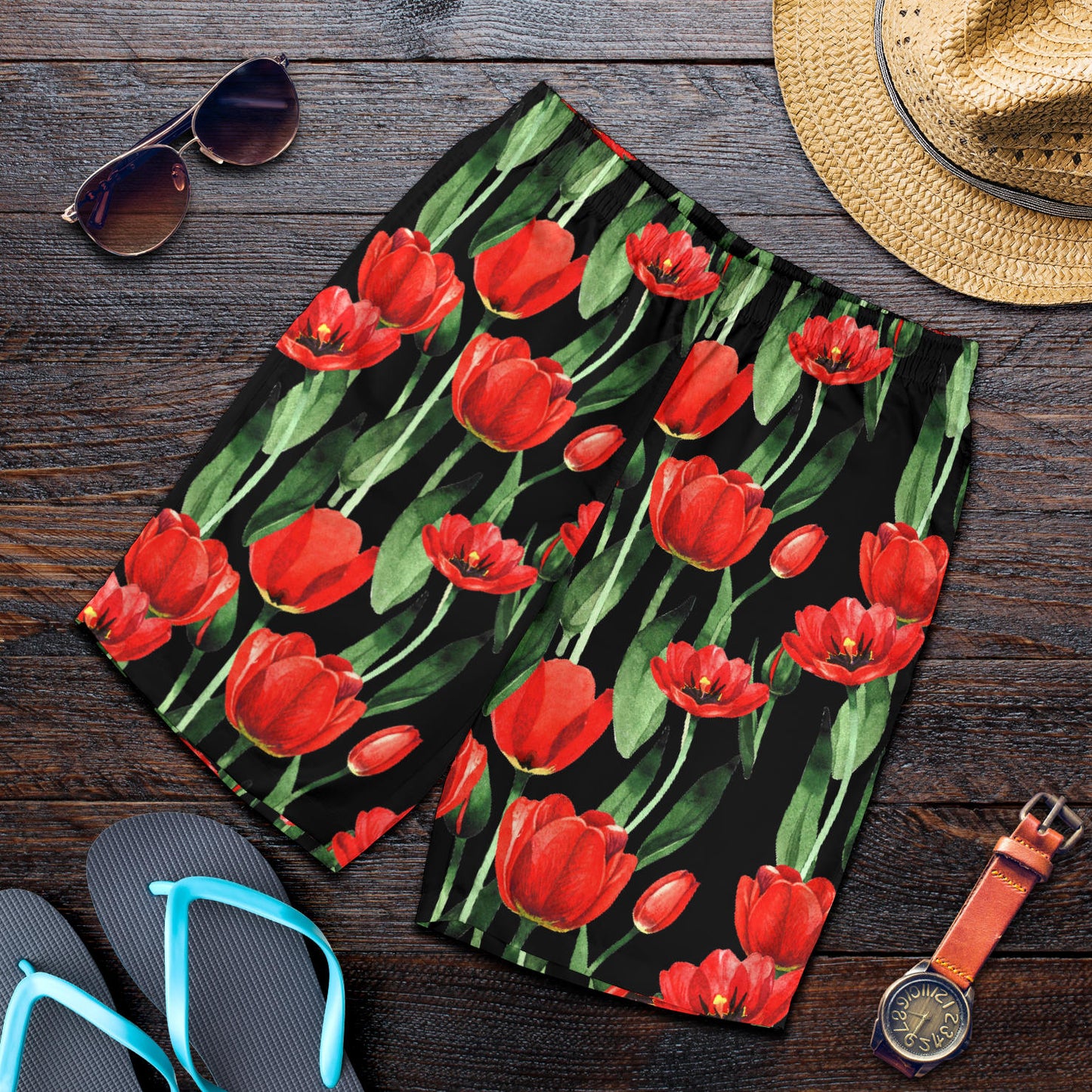 Tulip Red Pattern Print Design TP03 Mens Shorts