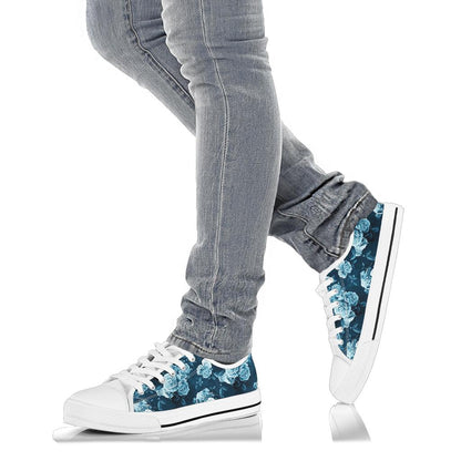 Rose Blue Pattern Print Design RO014 White Bottom Low Top Shoes