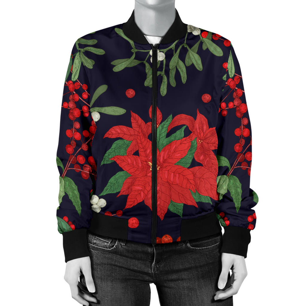 Poinsettia Pattern Print Design POT02 Women Bomber Jacket