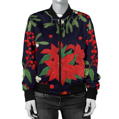 Poinsettia Pattern Print Design POT02 Women Bomber Jacket