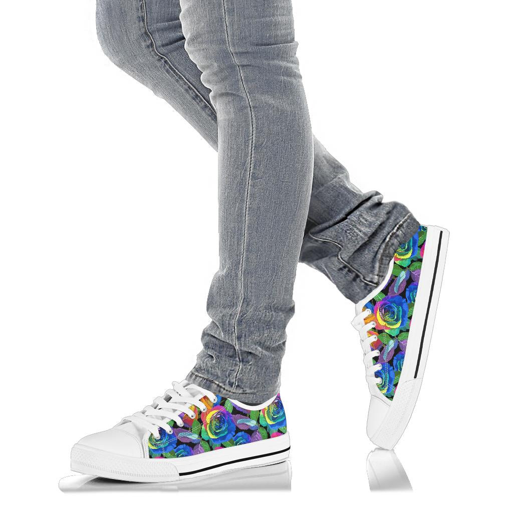 Rose Pattern Print Design RO02 White Bottom Low Top Shoes