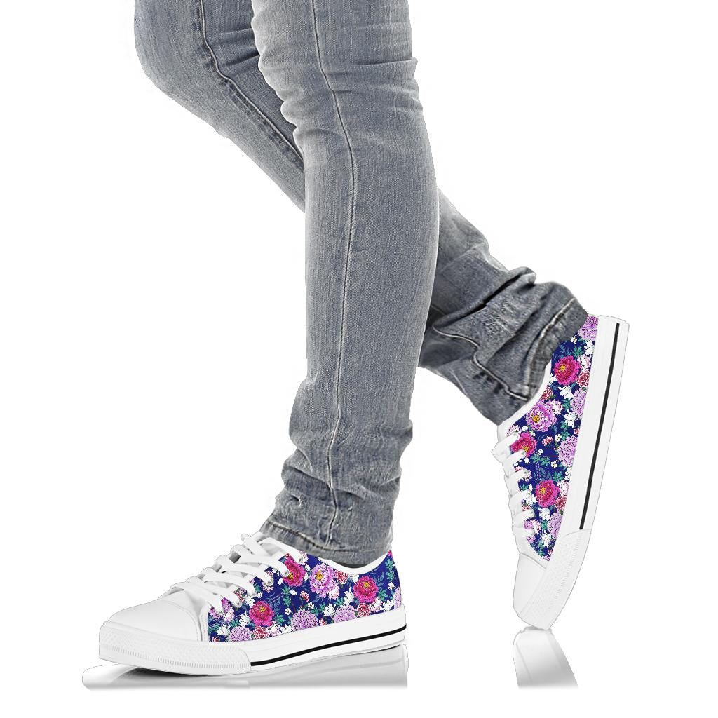 Dahlia Pattern Print Design DH013 White Bottom Low Top Shoes