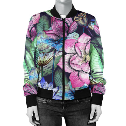 Water Lily Pattern Print Design WL07 Women Bomber Jacket