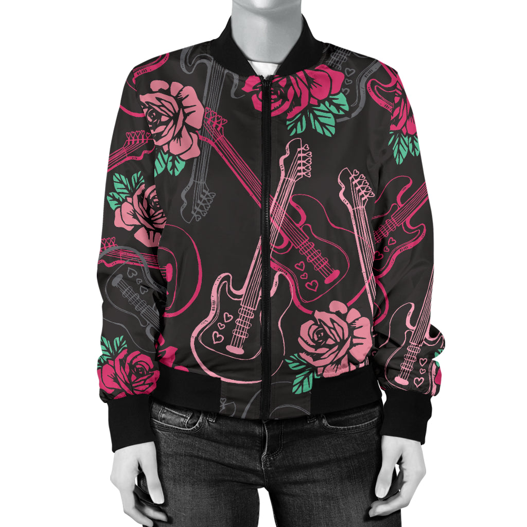 Bass Guitar Pink Rose Pattern Print Design 01 Women's Bomber Jacket