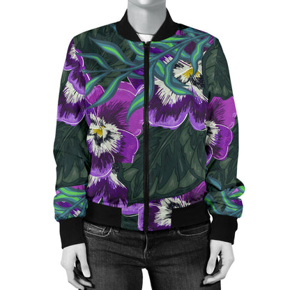 Pansy Pattern Print Design PS07 Women Bomber Jacket