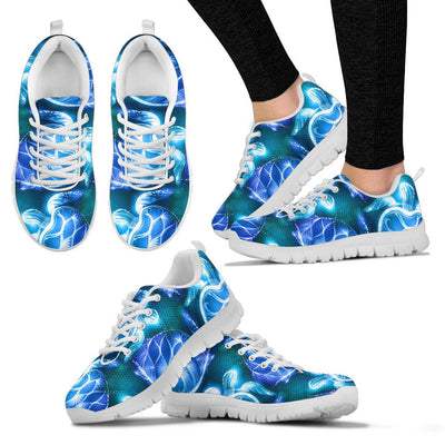 Blue Neon Sea Turtle Print Sneakers White Bottom Shoes