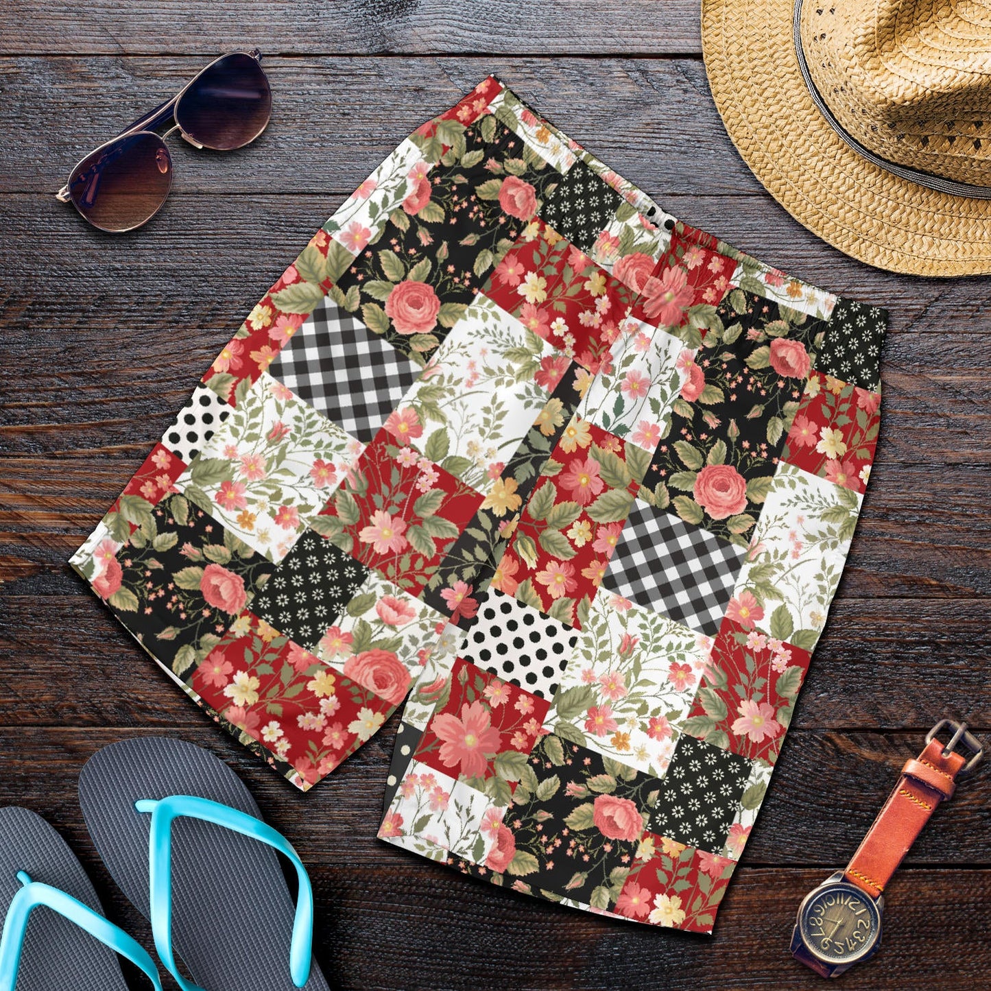 Patchwork Flower Pattern Print Design 03 Mens Shorts