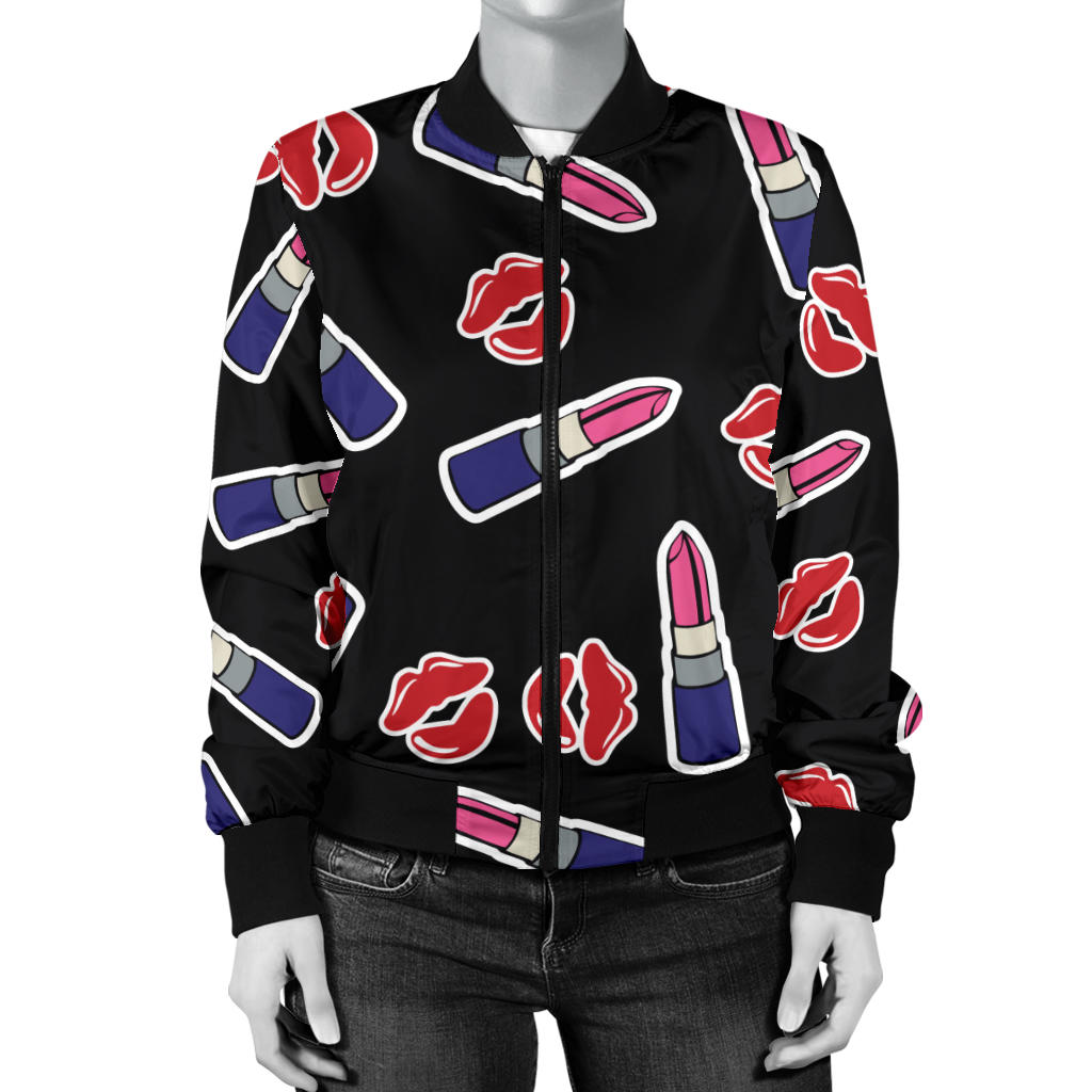 Lipstick Pattern Print Design LT01 Women Bomber Jacket