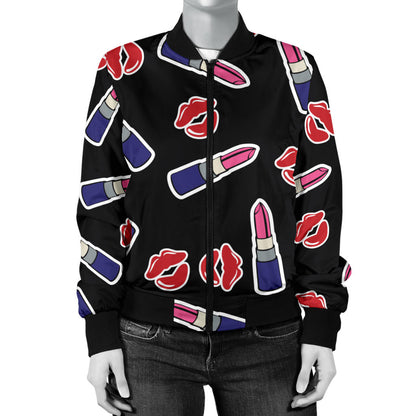 Lipstick Pattern Print Design LT01 Women Bomber Jacket