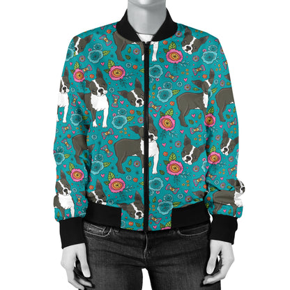 Boston Terrier Pattern Print Design 07 Women's Bomber Jacket