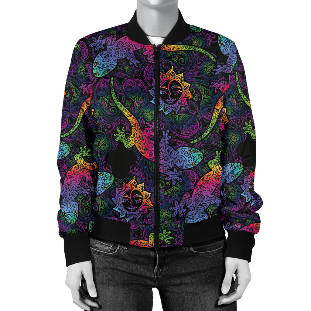 Gecko Rainbow Pattern Print Design 03 Women's Bomber Jacket