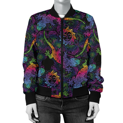 Gecko Rainbow Pattern Print Design 03 Women's Bomber Jacket