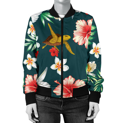 Hawaiian Flower Design with SeaTurtle Print Women Bomber Jacket