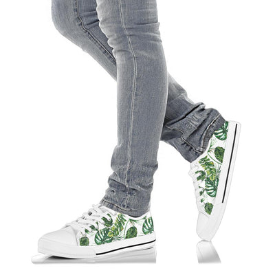 Green Pattern Tropical Palm Leaves White Bottom Low Top Shoes