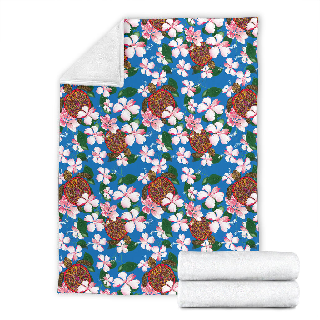 Sea Turtle Pink Hibiscus Hawaiian Print Fleece Blanket
