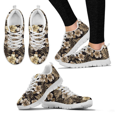 Brown Hibiscus Tropical Sneakers White Bottom Shoes