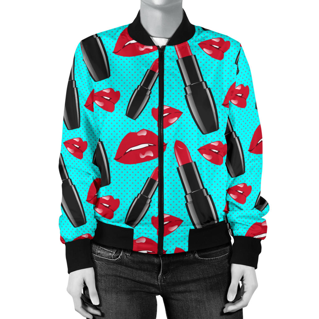 Lipstick Pattern Print Design LT02 Women Bomber Jacket