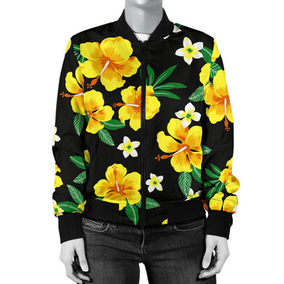 Yellow Hibiscus Pattern Print Design HB08 Women Bomber Jacket