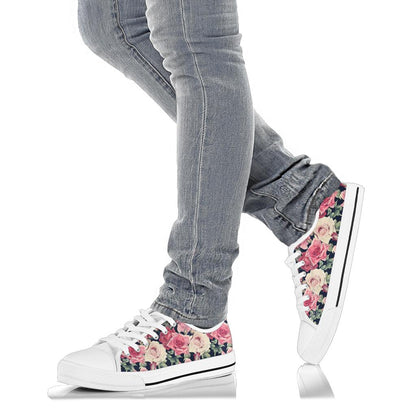 Rose Pattern Print Design RO05 White Bottom Low Top Shoes