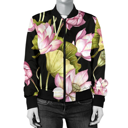 Water Lily Pattern Print Design WL06 Women Bomber Jacket