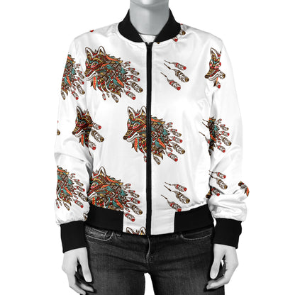 Aztec Wolf Pattern Print Design 02 Women's Bomber Jacket