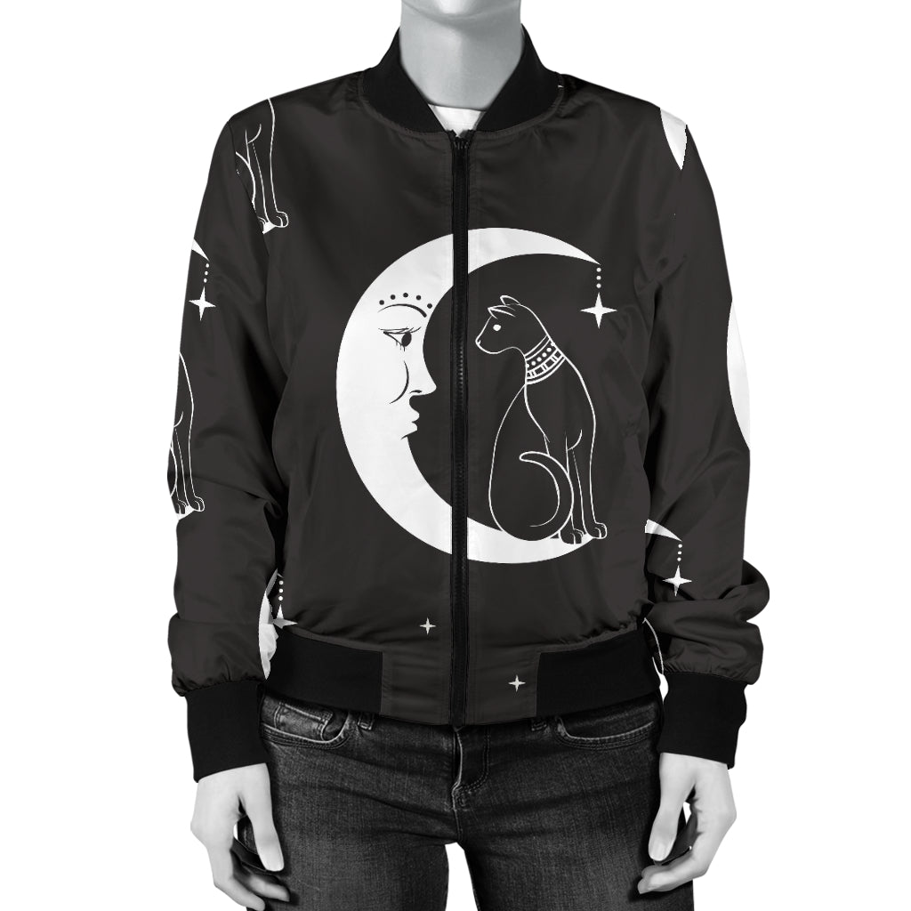 Moon with Cat Pattern Print Design 04 Women's Bomber Jacket