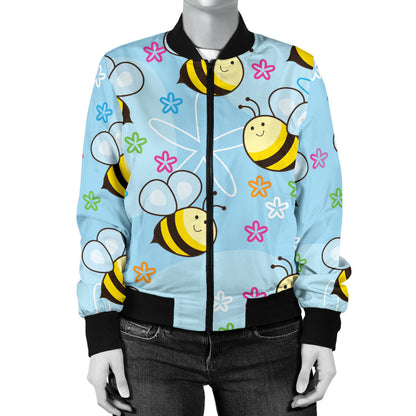 Bee Pattern Print Design BEE03 Women Bomber Jacket
