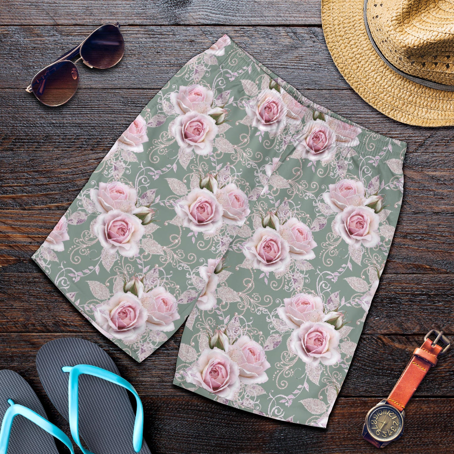 Rose White Pattern Print Design RO012 Mens Shorts