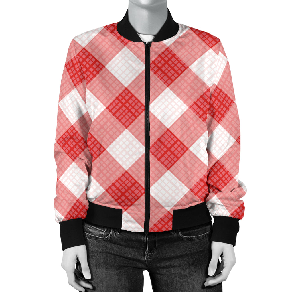 Gingham Red Pattern Print Design 01 Women's Bomber Jacket