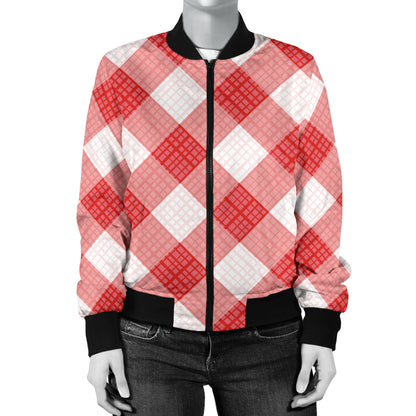 Gingham Red Pattern Print Design 01 Women's Bomber Jacket