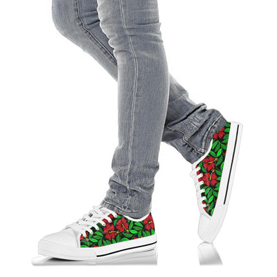 Red Hibiscus Embroidered Pattern Print Design HB032 White Bottom Low Top Shoes