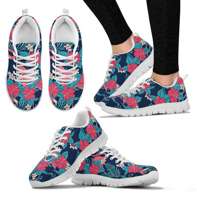 Flamingo Red Hibiscus Pattern Sneakers White Bottom Shoes